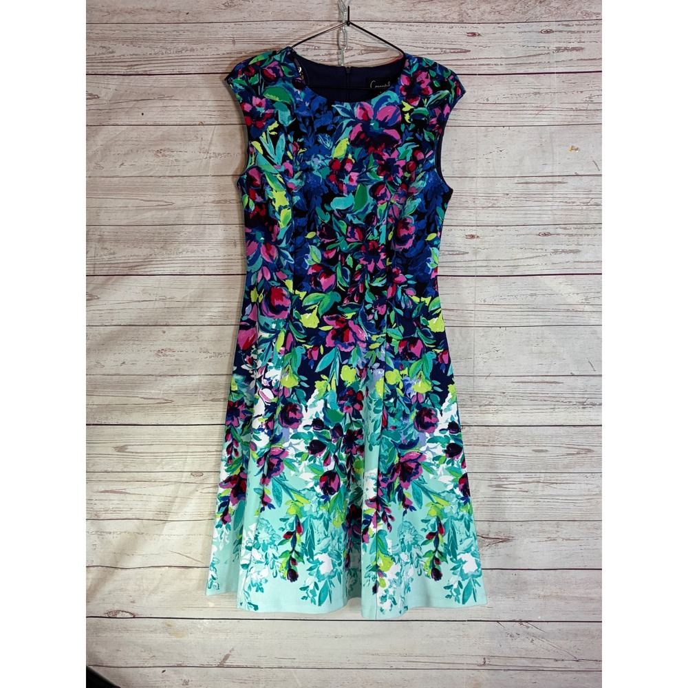 Connected Apparel Occasion Dress Modern Floral Fit Flare Textured - 6 Blue Multi